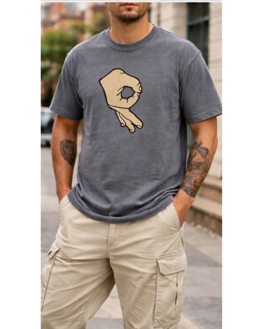 Trendy Hand Gesture Graphic T-Shirt – Minimal Streetwear Tee (Unisex Washed Grey)