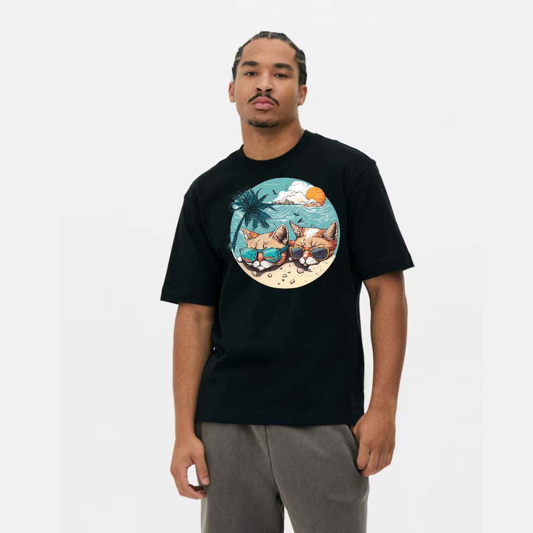 Beach Scene Cat Art T-Shirt