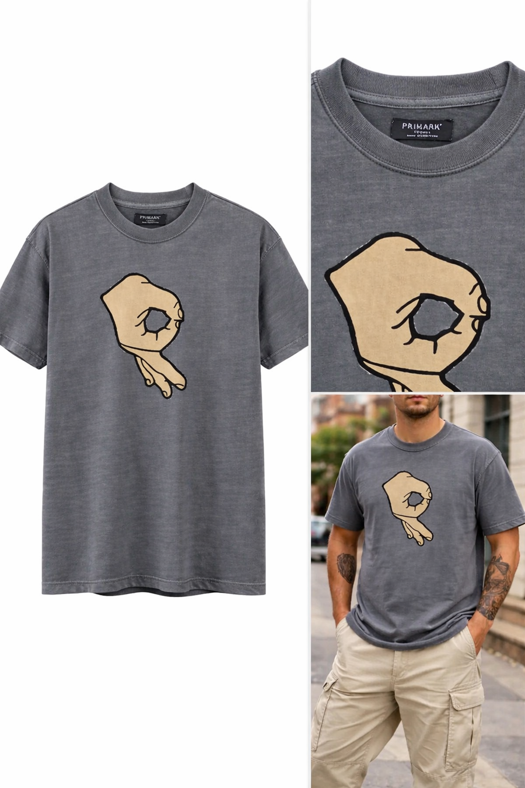 Trendy Hand Gesture Graphic T-Shirt – Minimal Streetwear Tee (Unisex Washed Grey)