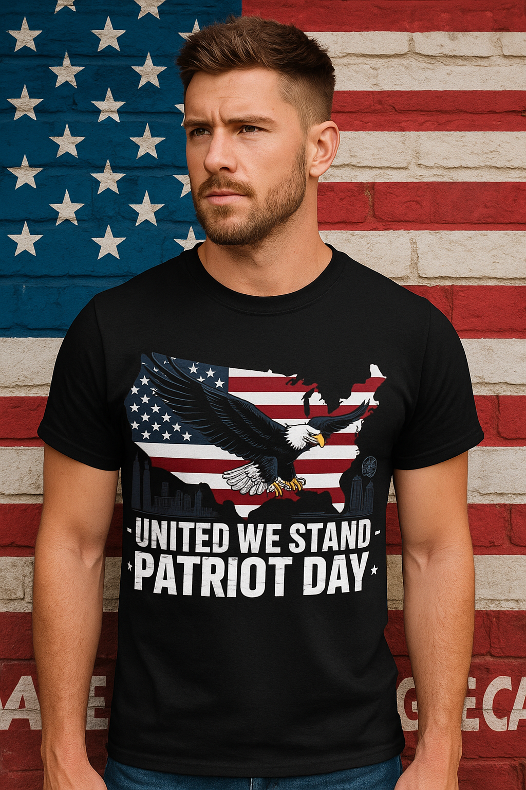 Patriot Day T-Shirt – United We Stand | American Flag Map & Eagle Design | 9/11 Tribute Shirt